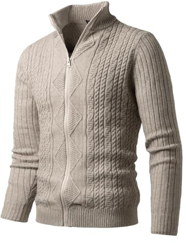 Harbrosrce - Cardigan da uomo, con collo alto, giacca casual, maglione, in maglia a costine, con cerniera, beige., XXL