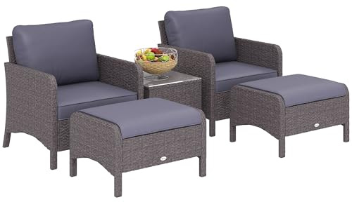Outsunny Set Mobili da Giardino 2 Poltrone 2 Poggiapiedi 1 Tavolino in Vetro Temperato Rattan Grigio
