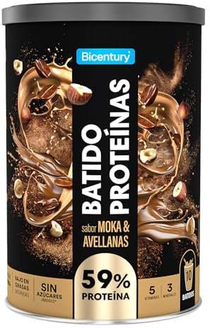 Bicentury Proteína en polvo Moka & Avellana, 20g de Proteína por porción, Sin Azúcares Añadidos, Bajo en Grasas, Ideal para recuperación muscular, 340 g, 10 raciones Moka & Avellana