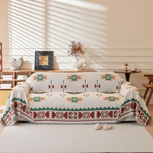LHGOGO Aztec-stil stor soffa filt med tofsar, vändbar hög densitet vävd överkast för soffor kärlekssoffa, 3 eller 4-sits bäddar och säng, extra tjock, mjuk och mysig - 180 x 230 cm (71 tum x 91 tum)