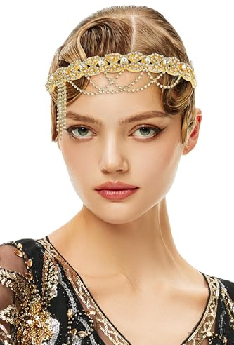 BABEYOND Flapper 1920-tal Gatsby pannband – 20-tal vintage strass hårtillbehör bröllop bal hårkedja huvudskydd för kvinnor guld