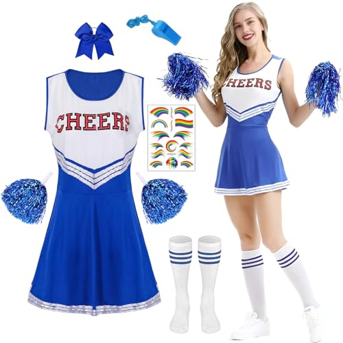 Disfraz de Animadora Mujer Adulta,Disfraz de Animadora para Mujer, Uniforme de Cheerleader, con Pompones,Silbatos y Calcetines,Disfraz Carnaval para Halloween y Fiestas de Disfraces (Azul, M)