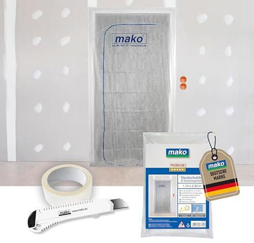 2x mako Vlies-Staubschutztüre Profi-Qualität 1,10 m x 2,40 m – inkl. 7 m Klebeband (beidseitig) & 2 Cuttermesser, Staubdichtes Polypropylen-Vlies mit Reißverschluss, einfache Montage und zuschneidbar