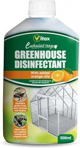 Vitax Greenhouse Disinfectant 500ml Concentrated Cleaner with Orange Oil for Garden Tools, Benches, Pots, Glass, Irrigation Lines & Bird Tables Slime & Algae Remover Green - 1 Pack