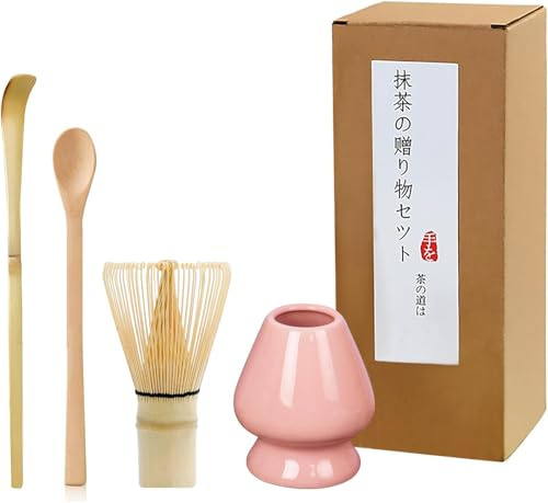 Handcrafted Matcha Whisk Set of 4 - Traditional Bamboo Whisk (100-prong Chasen), Bamboo Scoop, Tea Spoon & Celadon Holder, Perfect Set for Tea Enthusiasts to Prepare a Traditional Cup of Matcha