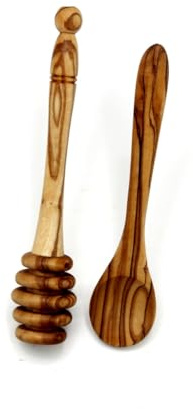 Lot de 2 cuillères en bois d'olivier - 1 cuillère de 14 cm et 1 cuillère à miel de 15 cm - Ustensiles de cuisine faits à la main - Durable et naturel - Idéal pour le miel, les épices, la confiture
