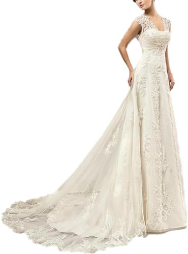 Women's Lace Wedding Dress Cap Sleeves Beaded Corset Keyhole Backless Bridal Wedding Dresses Court Train Plus Size Wedding Dresses, ivory, 10