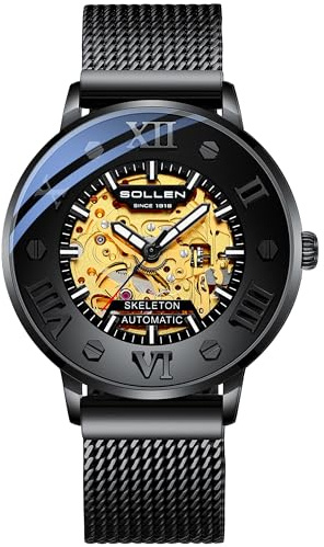 SOLLEN Skelett Uhren Herren Automatik,Minimalistische Automatikuhren Herren mit Doppelseitiges Skelettdesign,Automatische Herrenuhren,Originales Mechanisches Uhrwerk,Wasserdicht Armbanduhr für Männer