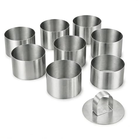 XxinXrong 8 stycken dessertringar 8 cm, serveringsringar, matdekorationer, runda kakringar, rostfritt stål mousse ringar, mini tårtringar, små bakringar, kakform livsmedelpressringar, med pushers