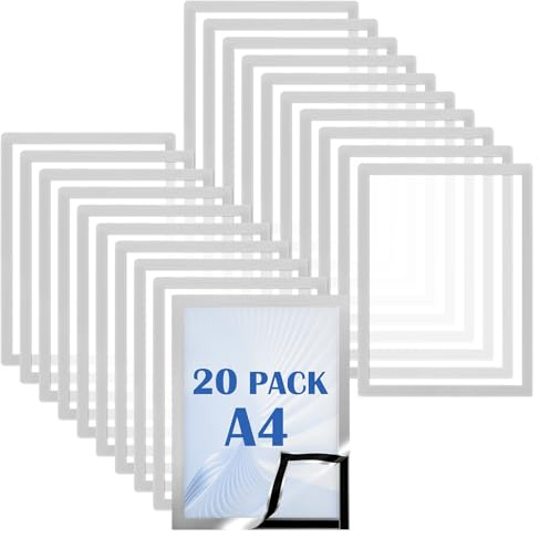 LDHHYH 20 Piezas Marcos Magnéticos A4 de PVC Transparente, Marco de Información A4 Autoadhesivo Doble Cara, Marco Fotos Plateado para Documentos, Carteles, Oficina y Escaparate