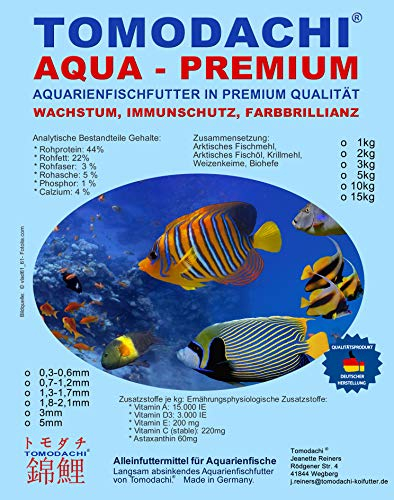 Zierfischfutter, Aquarienfischfutter, Malawi, Diskus, Guppy mit Astax Farbschutz und Immunschutz, hohe Futterverwertung, geringe Wasserbelastung, Tomodachi Aquarienfutter 1,8-2,1 mm 3 kg