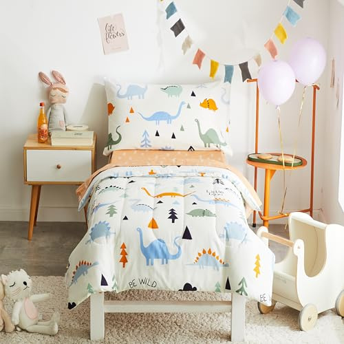 Joyreap 4 Piece Cotton Toddler Bedding Set for Kids Boys n Girls, Dinosaur Theme Cream White n Orange Reversible Design, Includes Quilted Comforter, Fitted Sheet, Top Sheet, and Pillow Case