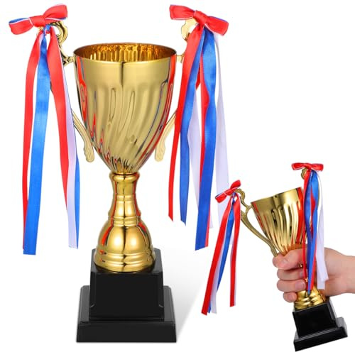 NUOBESTY Gold Award Trophy Cups, Golden Metal Trophies Cup with Ribbon for Competitions School Rewards Game Prize Party Decoration