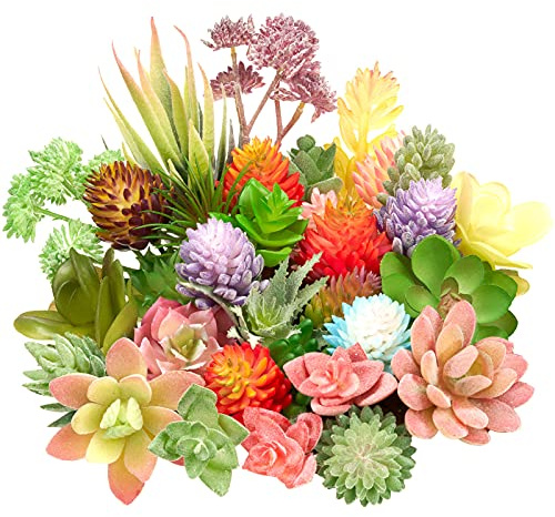 Jutom 32 Pieces Mini Artificial Succulents Unpotted Realistic Artificial Fake Plants Colorful Faux Succulents Small Cactus Plants for Garden Flower Kitchen Home Decor