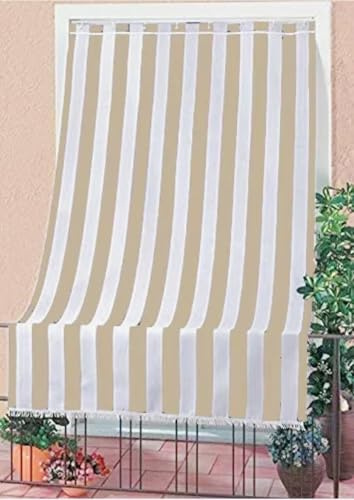 Corredocasa Tenda da Sole per Balcone e Finestre per Esterno a Righe Larghe con Anelli e Frangie in Tessuto Resistente che Protegge dai Raggi Solari, Oscurante per Veranda Casa (Beige, 140x300 CM)