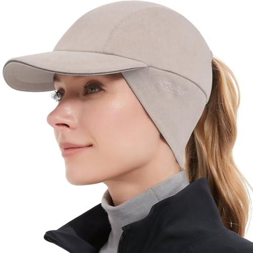GADIEMKENSD Winter Fleece Hats Reflective Ponytail Hat for Women Baseball Caps with Earflap Drop Down Ear Warmer Mens Skull Cap Beanie with Visor Cold Hat for Outdoor Hiking Running Snow Ski Khaki