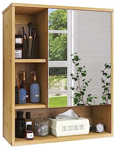 SMIBUY Badezimmerschrank mit Spiegel an der Wand montiert, Bambus-Aufbewahrungs-Organizer über der Toilette, platzsparender Medizinschrank mit 2 Türen und verstellbaren Einlegeböden (Natur)