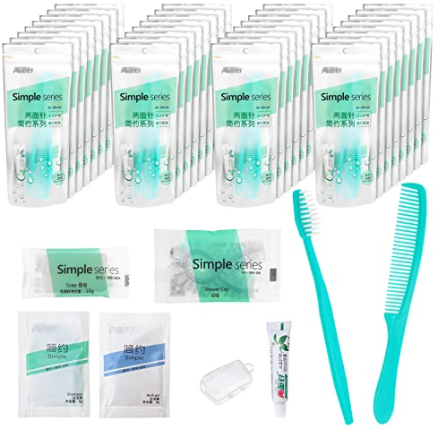 LLHQAMT Zahnbürste und Zahnpasta Set, einzeln verpackt, mit Reisezahnpasta und Bürste, Kamm, Shampoo, Duschgel, Duschhaube und Seife, geeignet für Hotels, Reisen (50 Sets), grün
