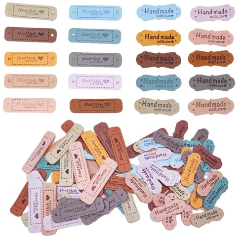 Lerodite 80 Stück Handmade Label, Lederetiketten labels zum annähen für DIY Kleidung Hut(10 Farben, 5.5x1.5cm&4x1.5cm)
