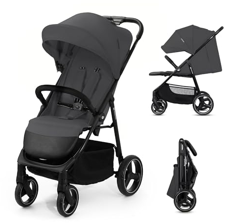 Kinderkraft TRIG 3 Kinderwagen, Kinderbuggy, Liegewagen, Sportwagen, Buggy, Zusammenklappen, Breite und tiefe Sitz, mit Liegeposition, 4 Rad Dämpfung, Große Dach, 5-Punkt-Gurt, bis zu 25 kg, Grau