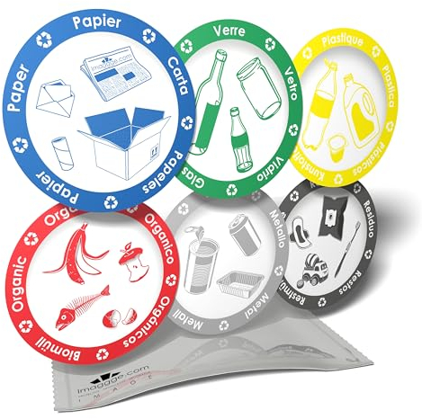 imaggge.com Adesivo informativo - Pittogramma per organizzare la raccolta differenziata per bidoni o contenitori - 6 adesivi rotondi - 9,5 cm 3701323002821