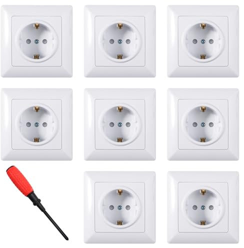 ZIGefofo 8 Pièces Prise Murale Schuko Prise de Courant à Encastrer Prise Encastrable avec Terre 16A 250V Lot de Prises Électriques Standard Blanc avec Tournevis pour Chambre Cuisine (82 mm x 82 mm)
