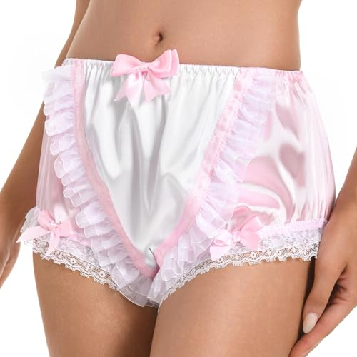 Satini Froufrou Dentelle efféminé Soyeuse Satin Couverture Couche-Culotte pour Adulte Slips Lingerie sous-vêtements Culottes (Rose Clair - Blanc, S)