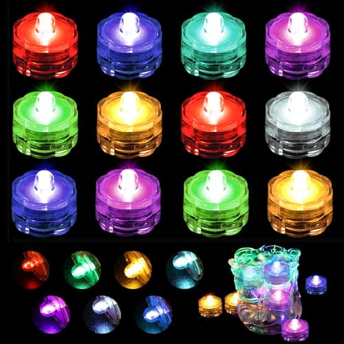 Joycabin 12 luces LED sumergibles, velas sin llama, subacuática impermeable, luces decorativas pequeñas para acuario, jardín, estanque, fiesta de boda (multicolor)