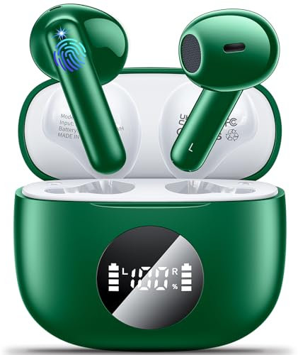 kauguo Ecouteurs Bluetooth sans Fil, Ecouteurs sans Fil 5.3 Écran LED Hi-FI Son Stéréo Réduction Bruit ENC 4 Mic 42H Durée Vert