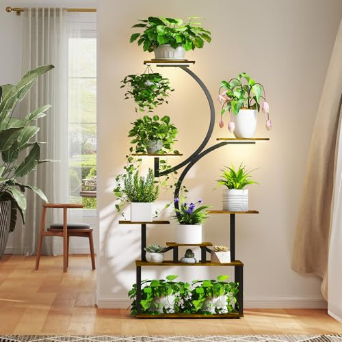 TVON Blumenständer mit Wachstumslicht-8 Ebenen Pflanzenregal 158 cm, Holz und Metall Pflanzenständer Innen & Außen Blumenregal Schwarz Blumentreppe für Innen Garten Balkon