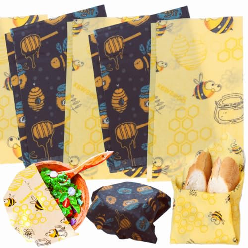 Beeswax Wraps | Reusable Sandwich Wraps | 5 Sheets (30cm/25cm/18cm)| Washable Food Bowl Covers for Bread, Cheese | Plastic-Free Cotton Cloth for Lunches & Food Storage