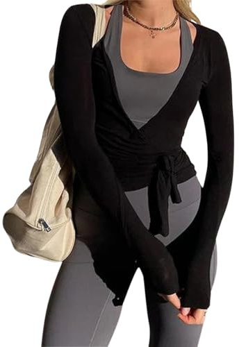 Minetom Femmes Cache-Coeur De Danse Col V Gymnastique Boléro Salle Zumba Aerobic Yoga Pilates Haut Ballet Bandage Cardigan Sportswear A Noir L