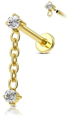 Agrewd Boucles d'oreilles minimalistes à dos plat pour hélix, tragus, labret, Or hélix et cartilage en titane massif G23 - Filetage interne - Avec chaîne pendante - Pour homme et femme