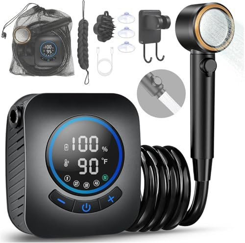 MIAOKE Upgrade Doccia da Campeggio Portatile, Pompa Elettrica Ricaricabile per Doccia Esterna da 8000 mAh con Display Digitale Intelligente, Display della Temperatura, Doccia da Viaggio, Nero e Oro