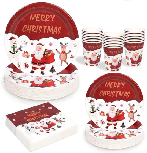 LATERN 100 Pezzi Stoviglie di Carta per Feste Natalizie, 25 x 9 Pollici Piatti Piani, 25 x 7 Pollici Piatti da Insalata, 25 x 270ml Tazze, 25 x 16CM Tovaglioli - per Natale Festività Feste Decorazioni