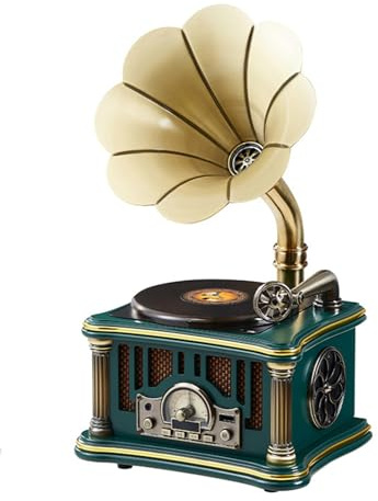 Axazcs Reproductor de CD de fonógrafo Retro, Reproductor de Escritorio Bluetooth con Altavoz Doble, Carga USB, Bluetooth y FM, Estilo clásico para Amante de la música Vintage