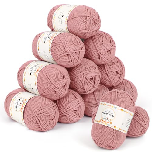 Aeelike 600 g (12 x 50 g) polyakryl ull bomull, 5 lager bomull för virkning, hållbar virkad ull för stickning, färgglatt virkgarn ull, garn, köttrosa