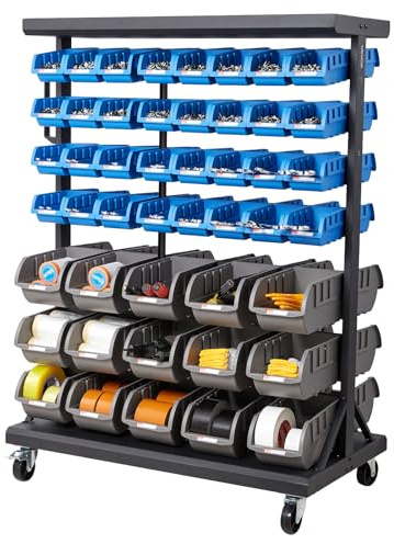 VEVOR Scaffale Portaoggetti con Ruote a 7 Ripiani e Doppio Lato, 94 Contenitori per Parti a Doppio Lato, Contenitori in Plastica per Utensili Mobili per Garage, Magazzino, Ufficio, Ristorante, Aula