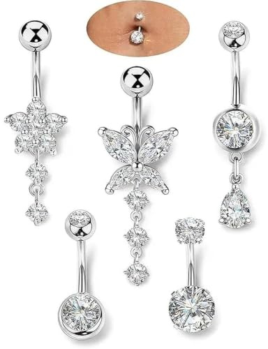 YUZHEDM 5 stycken navelpiercing 10 mm kirurgiskt stål navelpiercing med CZ zirkonium för magknappar för kvinnor flickor | Navelpiercing med glänsande CZ strass, snygga kroppssmycken för kvinnor och flickor