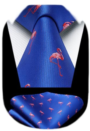 HISDERN Blau Krawatte für Herren Flamingo Hochzeit Taschentuch Business Klassisch Krawatte und Einstecktuch Set