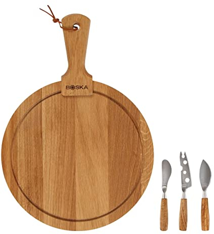 Boska Käseset Rund Friends/mit Käsebrett und drei Messern/Europäisches Eichenholz/Edelstahl/Holz/Braun/Silber