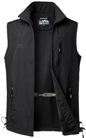 KTWOLEN Gilet à Séchage Rapide pour Hommes Gilet de Pêche Respirant Gilets de Photographie Chasse Léger Veste sans Manche Gilets de Randonnée, Noir, 3XL