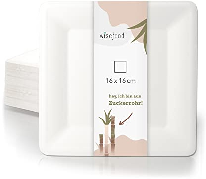 Wisefood Platos de caña de azúcar, 250 unidades, platos desechables cuadrados de 16 cm, ideales como platos de fiesta o platos llanos, vajilla de caña de azúcar biodegradable sin PLA/PE