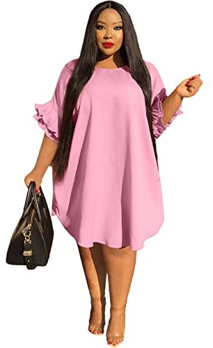 Ekaliy Women's Summer Casual Dress Sweet Cute V-Neck Mini Dress Short Sleevele Ruffle Dress XXXL Pink