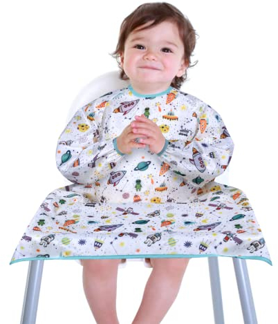 Vicloon Lätzchen mit Ärmeln Baby Ärmellätzchen Befestigt Sich an Ihrem Hochstuhl, Baby Lätzchen mit Ärmeln Wasserdicht für Jungen Mädchen Kleinkind Fütterung Lätzchen Schürze-Astronaut