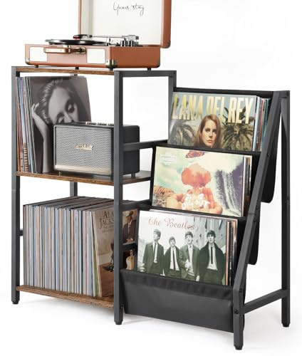 Bikoney Record Player Stand, Turntable Stand with 3-Tier Vinyl Record Storage, Record Player Table 200 Albums, End Table with Vinyl Display Holder Shelf, Record Player Cabinet Media Console for Stereo