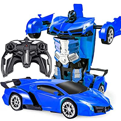 Maxesla Macchina Telecomandata Robot Transformers,Giocattoli per Bambini Auto Radiocomandata Trasformabile Macchinina 360° Rotazione Luci Compleanno Regali per Ragazzi Ragazze Giochi 3-12 Anni, Blu