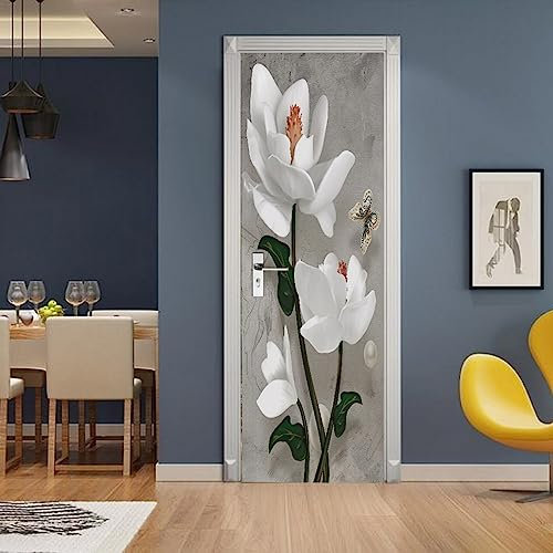 A.Monamour Adesivo Porta Autoadesiva 3D Magnolia Con Sfondo Floreale Di Fiori Bianchi Vinile PVC Adesivi per Porte Interne Pellicola Adesiva Poster Sticker Murale Parete Carta da Parati 77x200cm