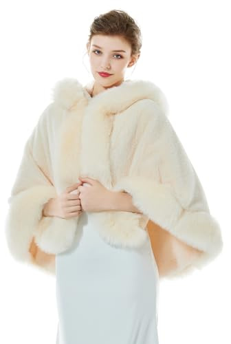 BEAUTELICATE Estola de Pelo para Bodas Cape con Capucha Poncho de Piel Sintética Chal Mujer Fiesta Boleros Novia Halloween Navidad Invierno (Champaña,Talla única)