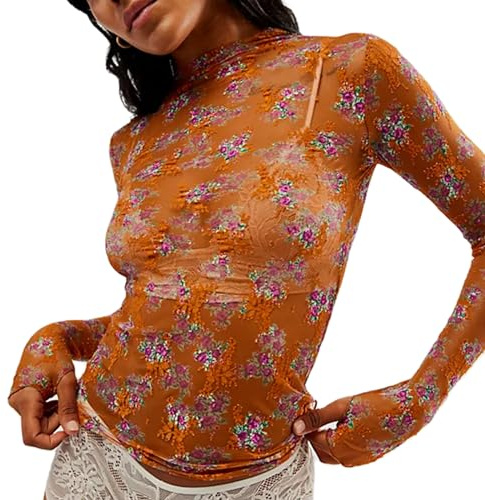 Caziffer Women's Lace Layering Top Long Sleeve Sheer Mesh Mock Neck Undershirt Y2K Lace Floral Tops See Through Shirt Blouse (Colorful Orange, L)